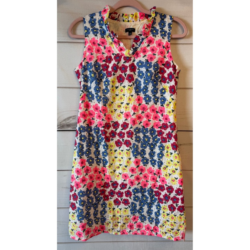 Talbots Womens 6P Floral Eyelet Sleeveless Shift Dress Pink Blue Yellow Cotton
